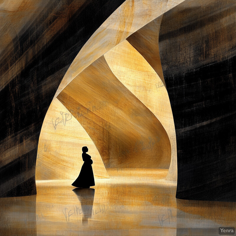 A woman stands in an abstract room with curved walls and floor-to-ceiling arches, evoking Islamic architecture.