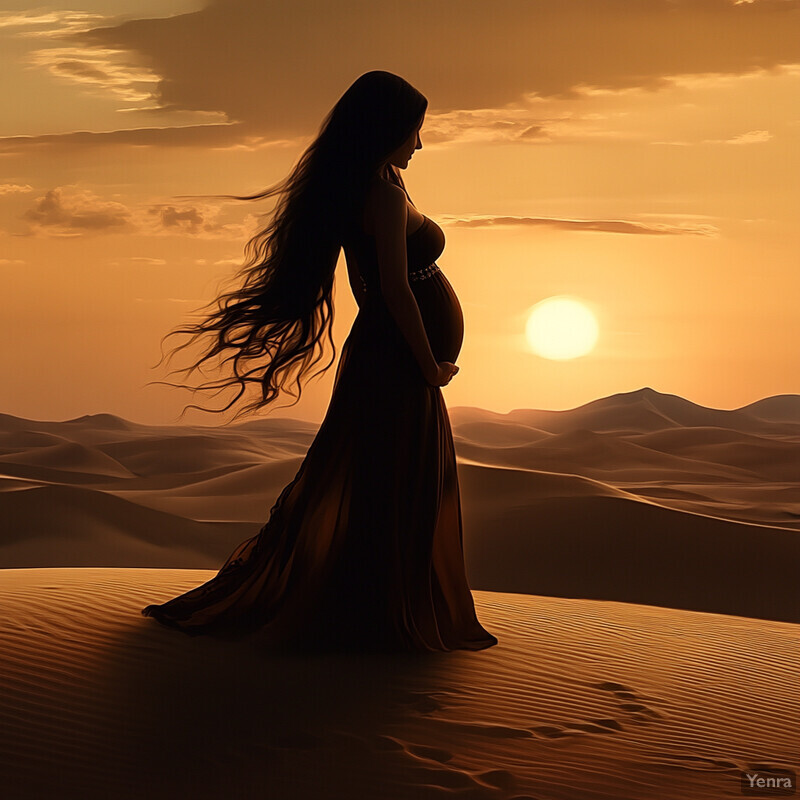 A pregnant woman stands in the desert, gazing at the sunset.