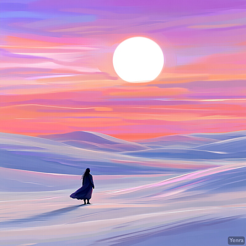 A woman stands in a desert landscape at sunset or sunrise, surrounded by vibrant colors and serene beauty.