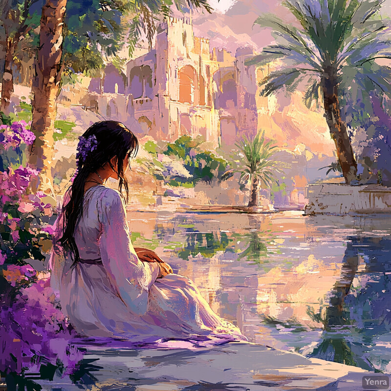 A serene and dreamy oasis scene featuring a woman sitting on the ground surrounded by lush greenery and vibrant flowers, with a majestic building rising up in the background.