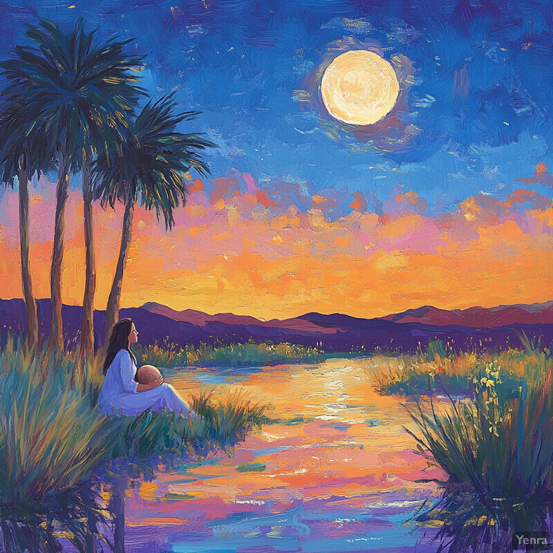 A woman sits by a body of water with an infant, surrounded by tall grasses and reeds, under a full moon.