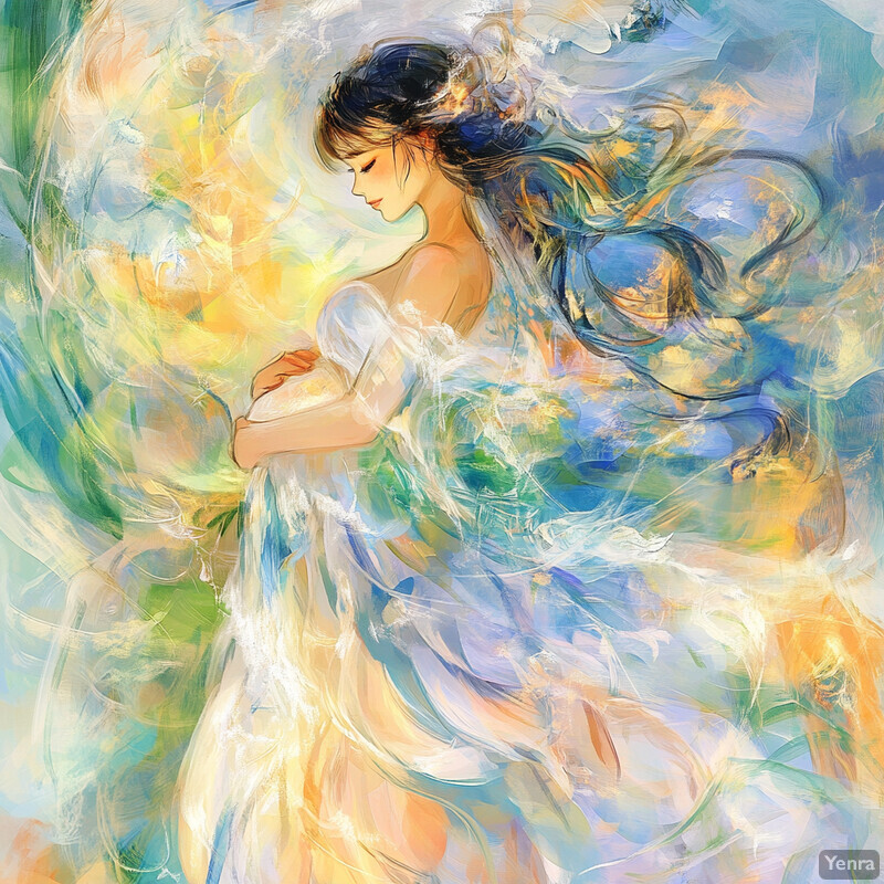 A serene and ethereal painting of a woman in a flowing white gown, surrounded by soft pastel colors.