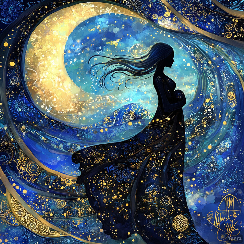 A woman surrounded by celestial elements in shades of blue and gold, conveying a sense of calmness and tranquility.