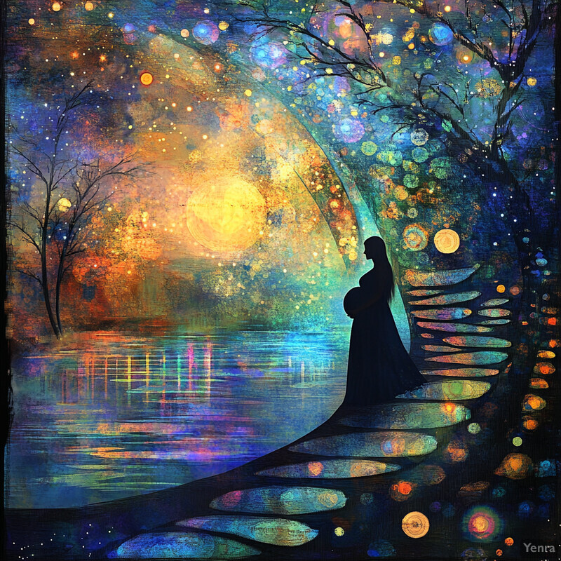 A woman stands on a winding path in a mystical forest scene