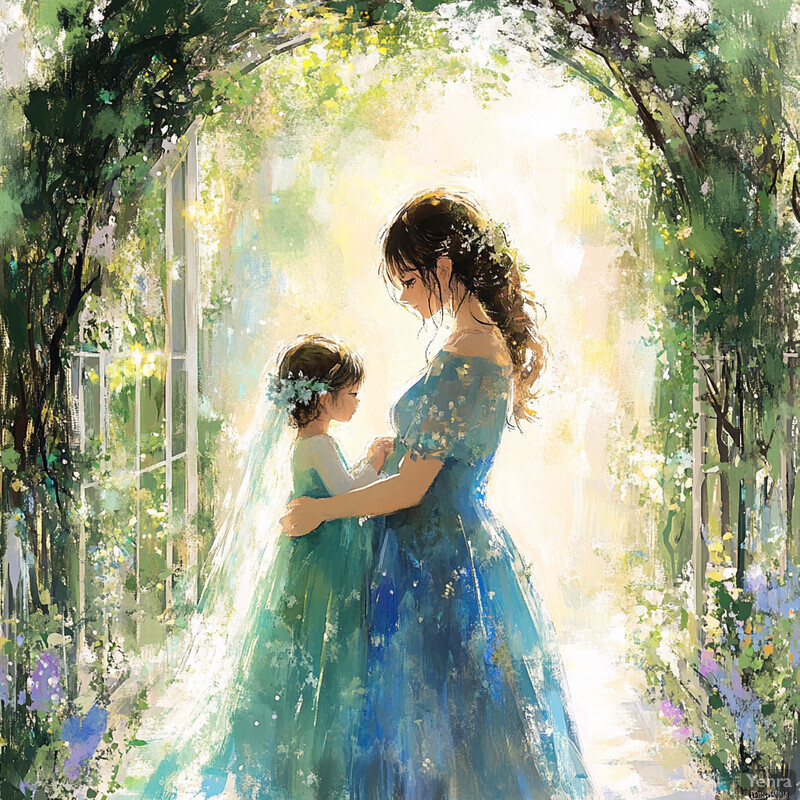 A woman and child stand together in an enchanting garden setting, surrounded by lush greenery and soft colors.