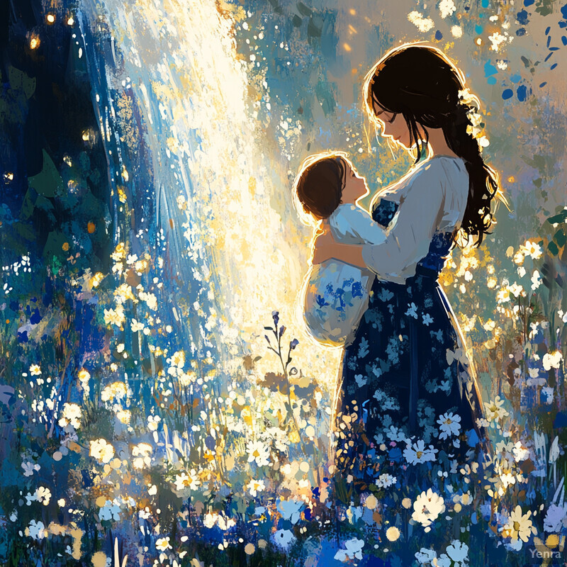 A serene scene of a woman cradling a baby amidst wildflowers