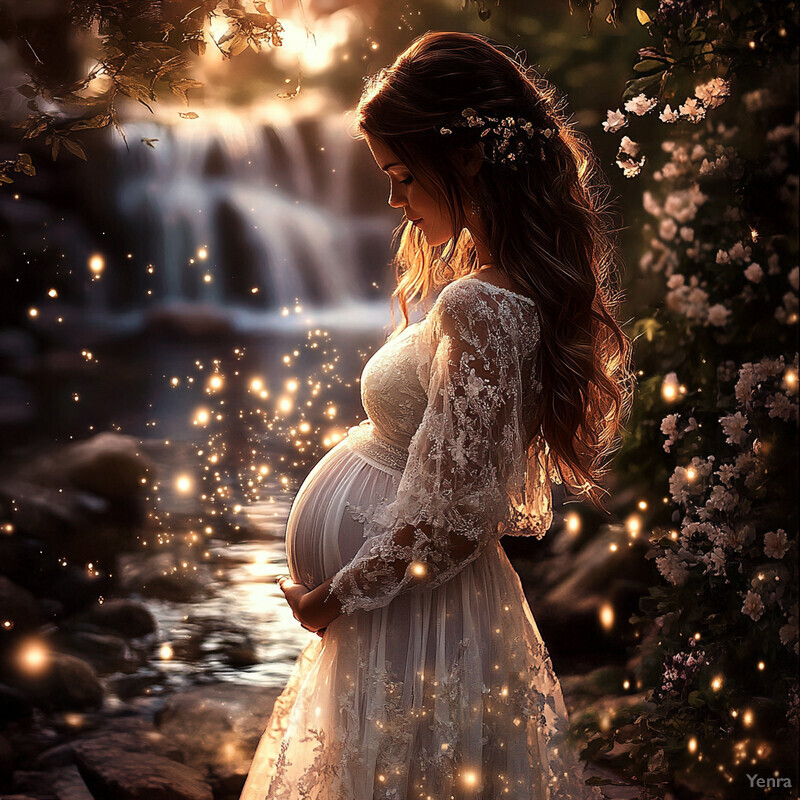 A pregnant woman stands in front of a waterfall, surrounded by lush greenery and vibrant flowers.