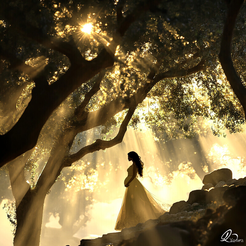 A pregnant woman stands in front of a majestic tree, bathed in soft golden light.