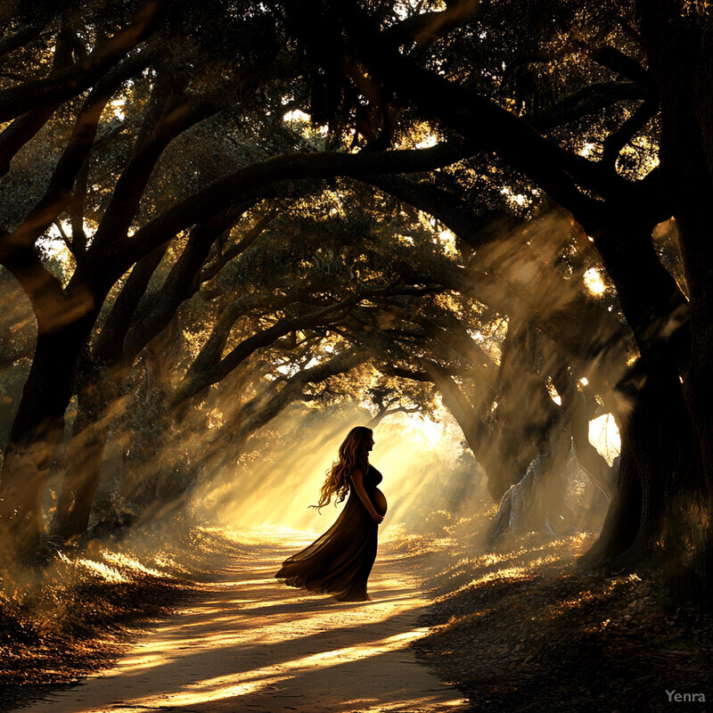 A serene forest clearing scene featuring a woman standing amidst trees and foliage.