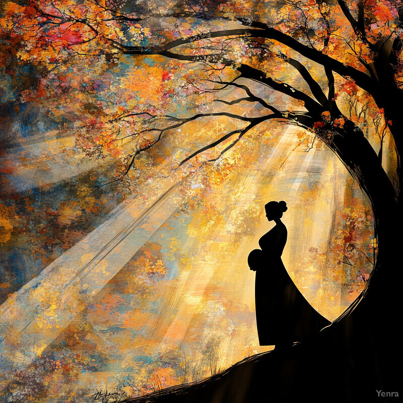 A woman stands in front of a tree with orange and yellow leaves, surrounded by a serene atmosphere.