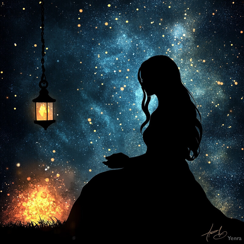 A woman sits on a rock in front of a starry night sky, surrounded by a lantern.