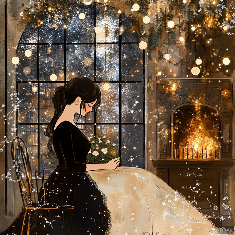 A serene winter scene featuring a woman gazing out at the snow-covered landscape through a large window.