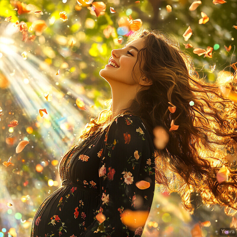 A pregnant woman is captured in an outdoor setting with sunlight filtering through trees and fallen leaves scattered around her feet, conveying a sense of joy and contentment.