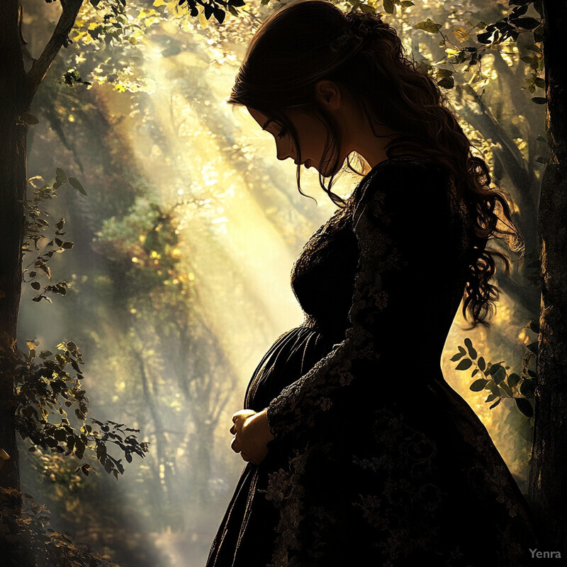 A serene scene of a woman in a black dress standing amidst trees, with sunlight filtering through the leaves.