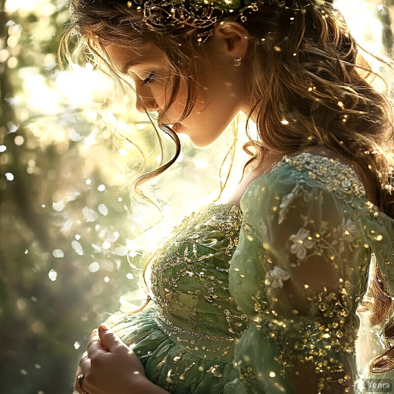 A woman with long brown hair and a green dress stands in an enchanted forest, lost in thought.