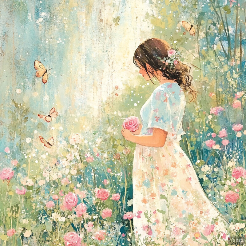 A serene and idyllic scene of a woman standing in an enchanted garden, surrounded by vibrant flowers and butterflies.