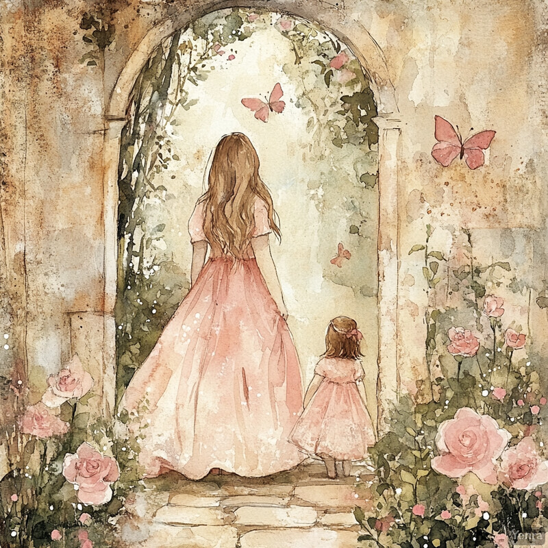 A woman and child walking hand in hand through an arched stone entrance surrounded by lush greenery and vibrant flowers.