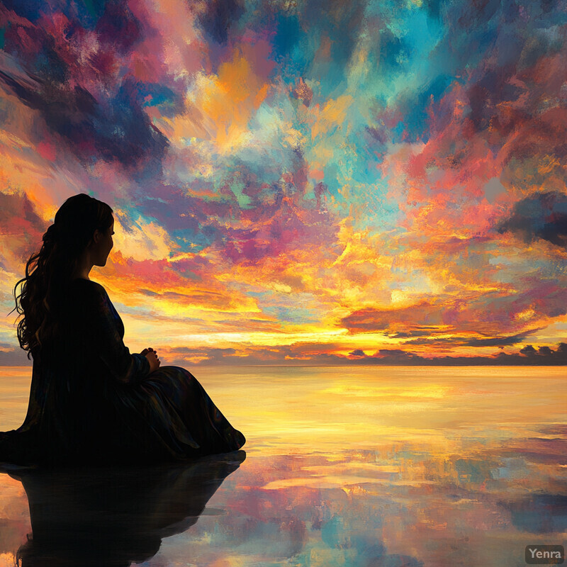 A woman sits on a beach at sunset, surrounded by a vibrant sky and calm ocean.