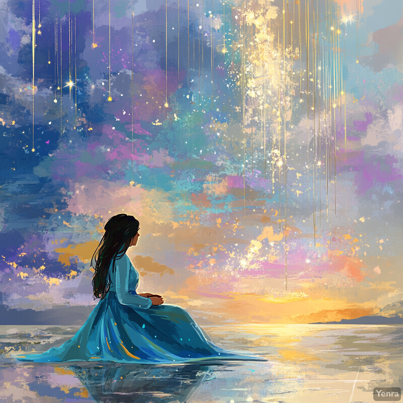 A woman sits on the shore, surrounded by a vibrant sky with clouds and stars.