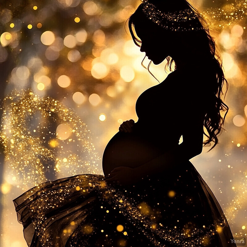 A silhouette of a pregnant woman adorned with a sparkling gold headband and a flowing black dress, set against a shimmering gold light backdrop