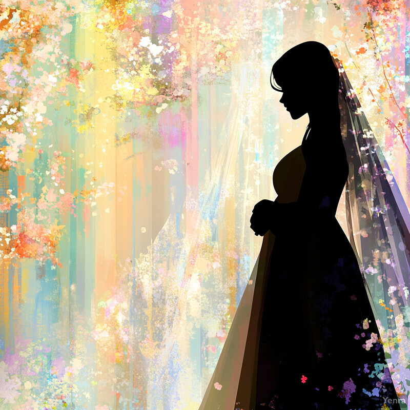 A pregnant woman in a wedding dress gazes into the distance against a colorful backdrop.