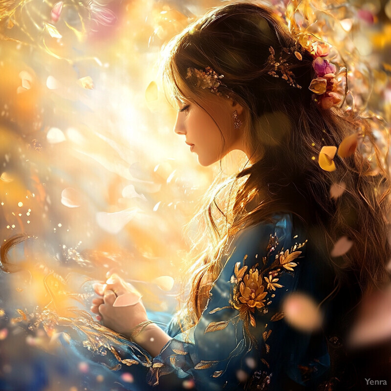 A serene and contemplative scene featuring a woman with long brown hair and a blue dress, surrounded by nature.