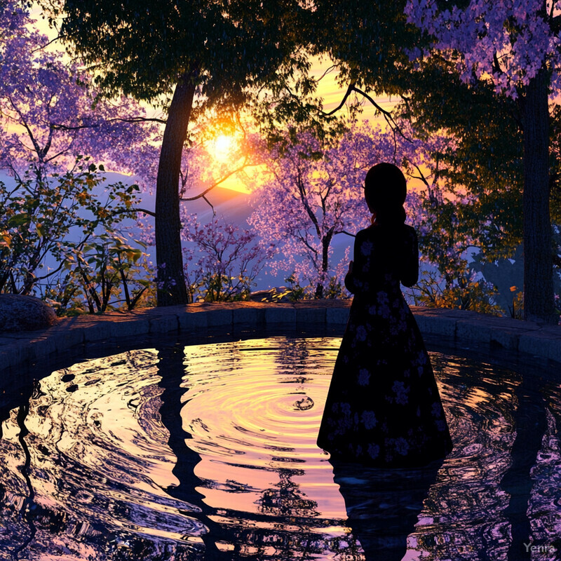 A woman stands in front of a pool surrounded by trees and flowers, gazing out at the surrounding landscape.