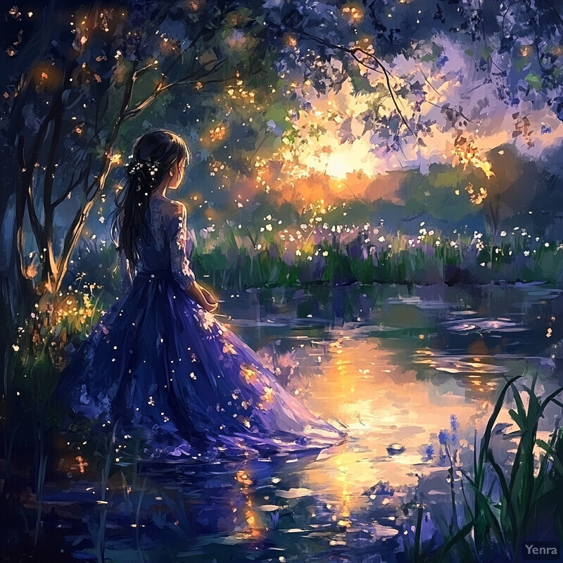 A serene and idyllic scene of a woman in a flowing purple dress standing by a tranquil body of water