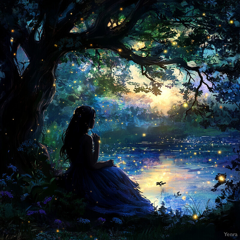 A serene and enchanting scene of a woman sitting by a lake at dusk or dawn, surrounded by lush greenery and vibrant flowers.