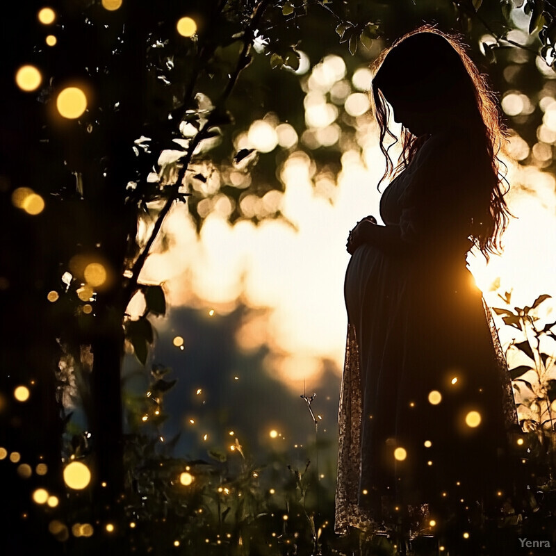 A pregnant woman stands in a field of wildflowers at sunset or sunrise, surrounded by tall trees and bathed in golden light.