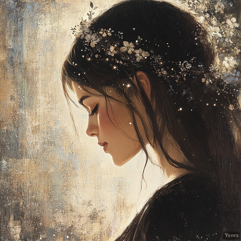 An enchanting painting of a woman surrounded by nature, radiating serenity and tranquility.