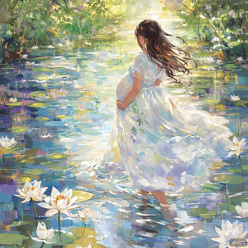 A serene and idyllic scene of a pregnant woman standing in a pond surrounded by lush greenery and vibrant flowers.