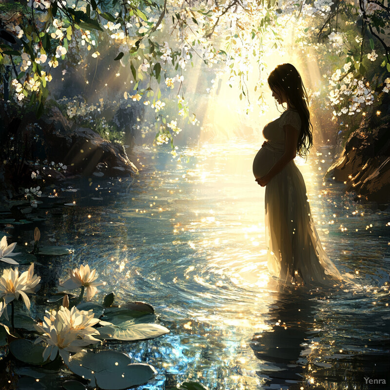 A serene scene of a pregnant woman in a pond surrounded by lush greenery and vibrant flowers.