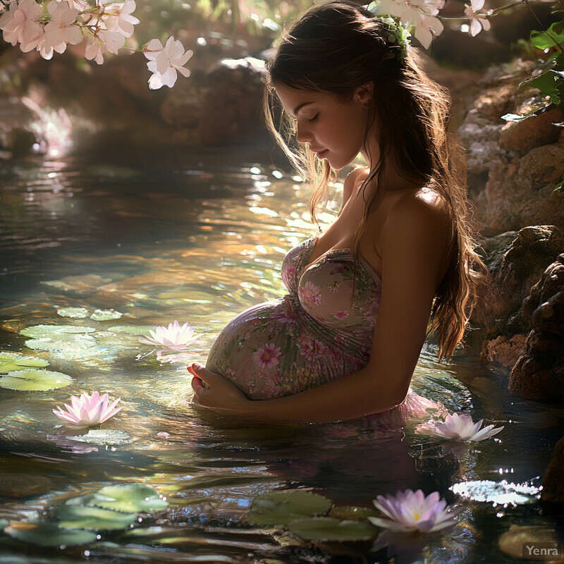 A pregnant woman stands in a tranquil pond surrounded by lily pads and flowers, exuding serenity and contentment.