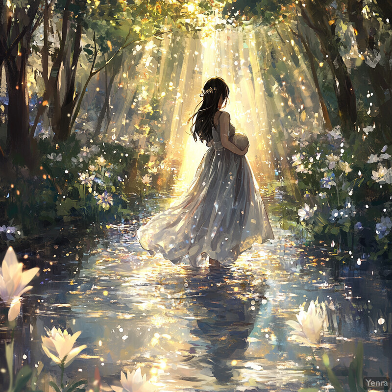 A pregnant woman walks through a forest filled with white flowers and tall trees.