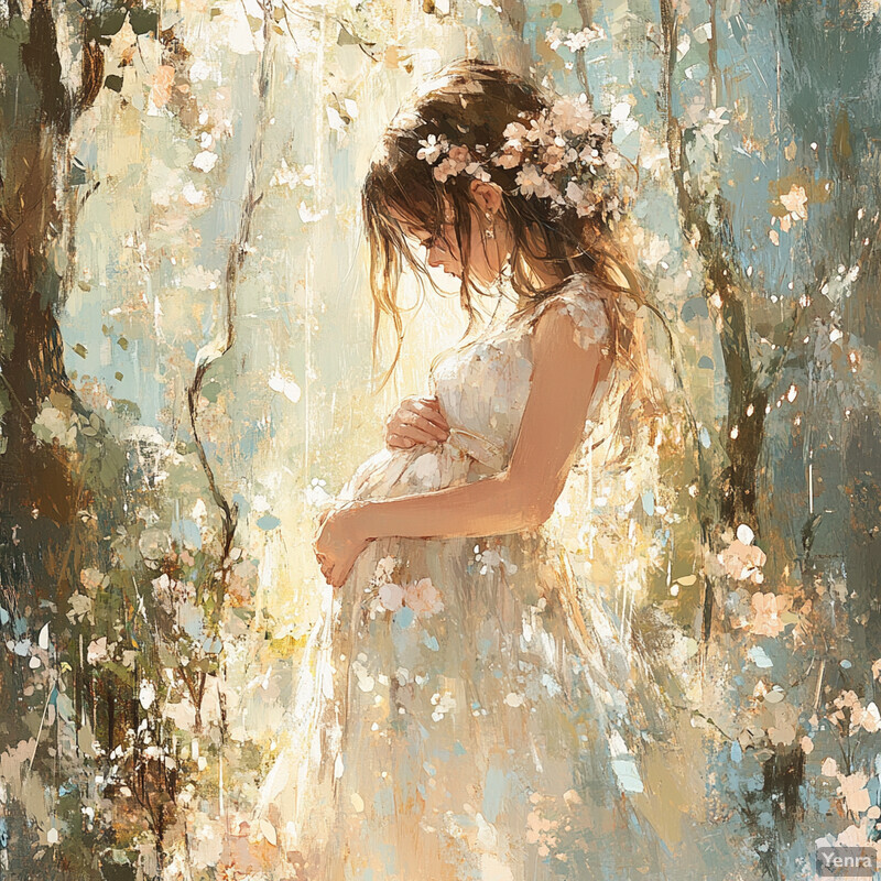 An ethereal woman in a white dress stands amidst a forest setting, exuding serenity and introspection.