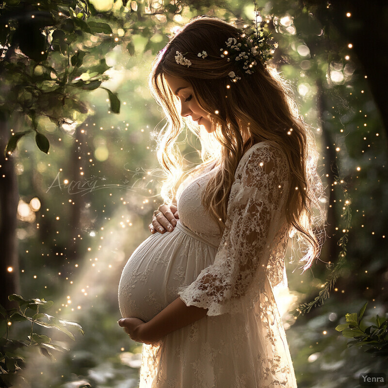 A pregnant woman stands in a forest, surrounded by greenery and sunlight.