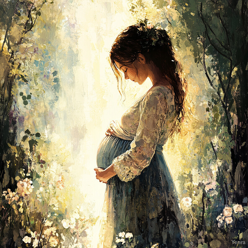 A serene and idyllic scene of a pregnant woman standing in a lush forest, surrounded by vibrant flowers and trees.