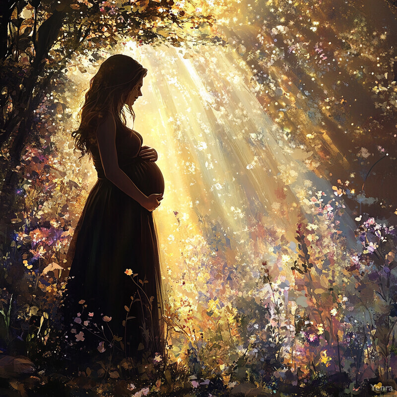 A pregnant woman stands amidst a lush garden, surrounded by vibrant flowers and trees, exuding peace and tranquility.