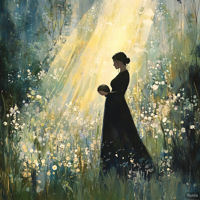 A serene and ethereal scene featuring a woman in a long black dress standing amidst tall grasses and wildflowers under an open sky with sunlight shining down on her head.