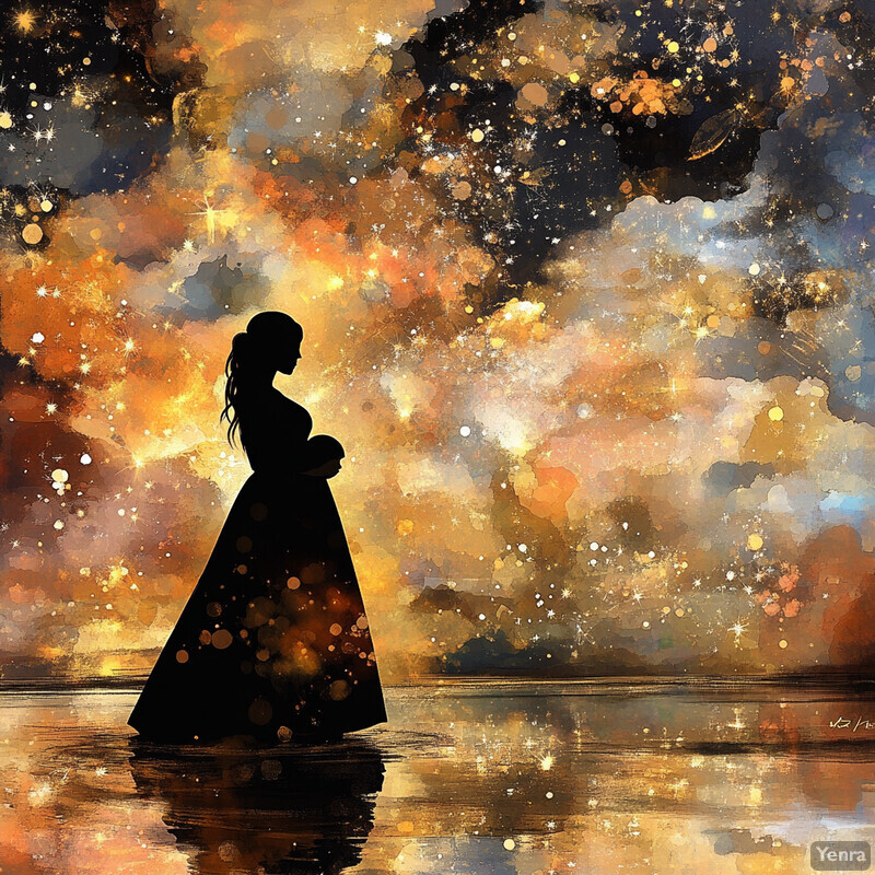 A woman stands in shallow water, gazing at a starry sky with vibrant colors.