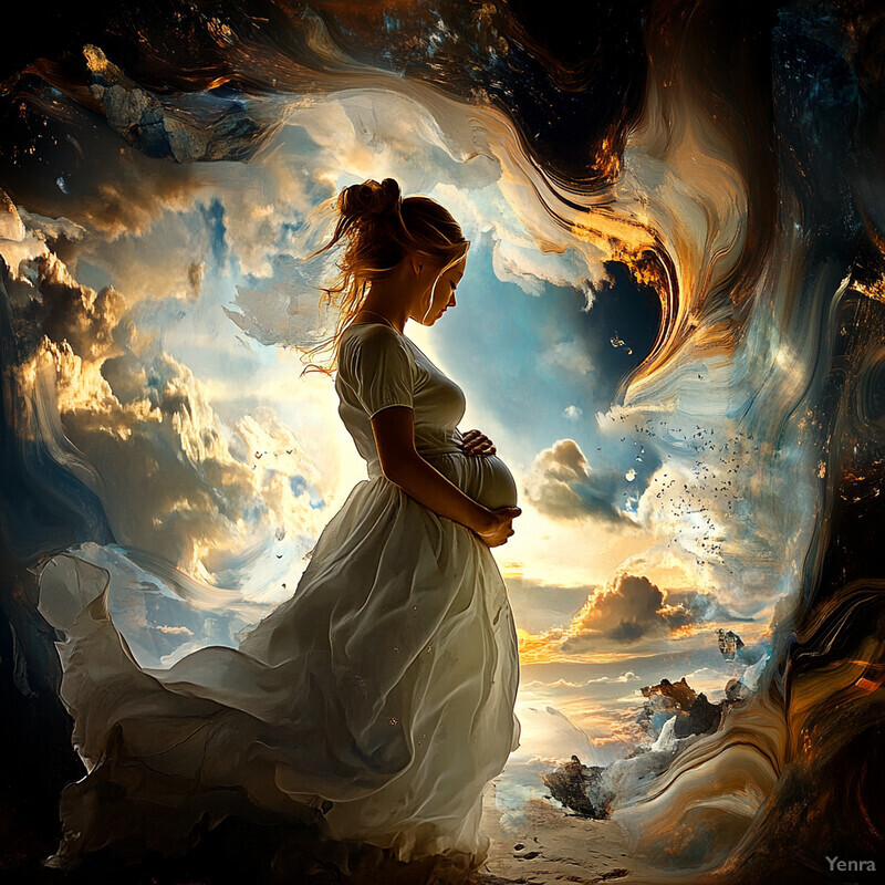 A pregnant woman stands in profile, gazing at an ethereal dreamscape behind her, surrounded by soft, diffused lighting that imbues the scene with a warm, golden glow.