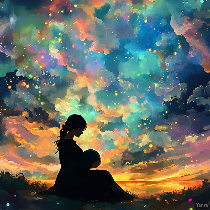 A serene and dreamy scene of a woman cradling an infant in her lap against a vibrant and colorful sky with clouds.