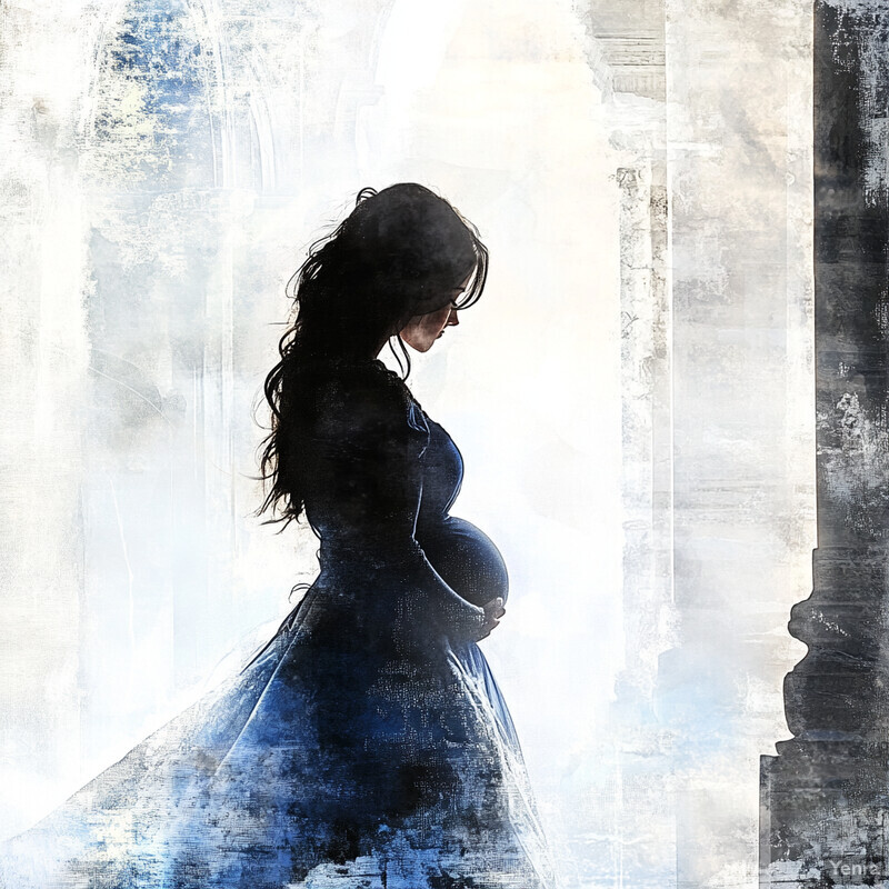 A woman in a blue dress stands before a white wall, showcasing her pregnant belly.