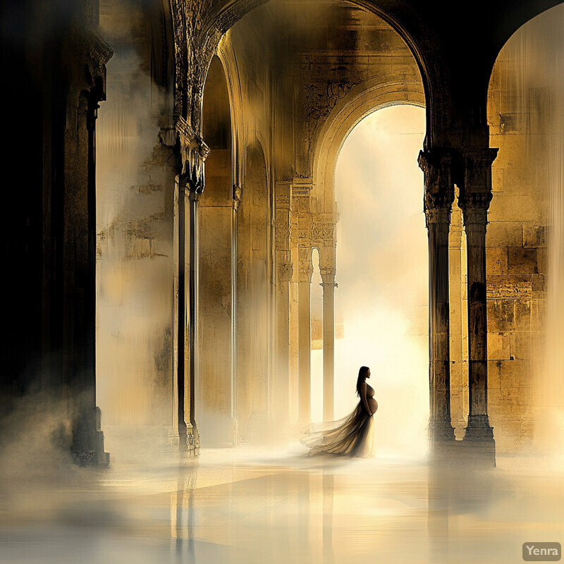 Ethereal Mist: A serene woman stands amidst a grand arched hall, lost in thought.