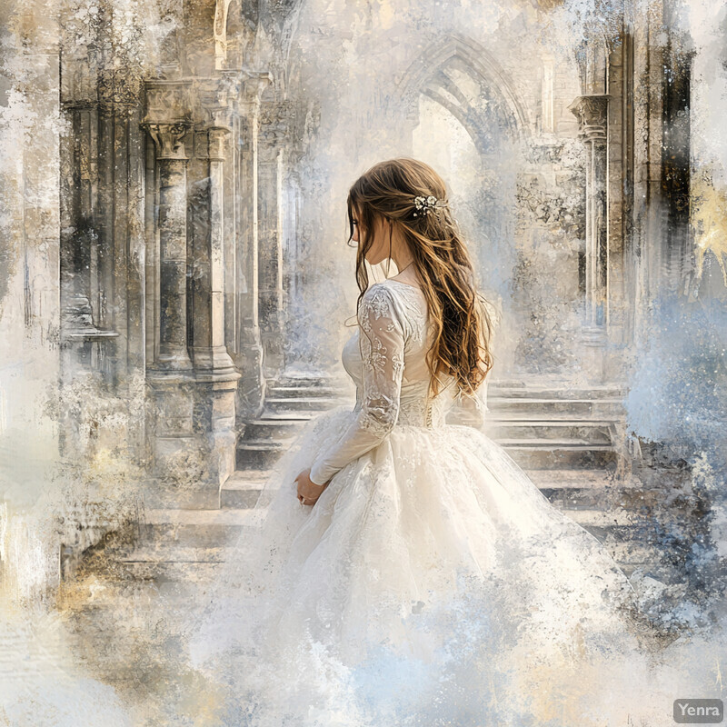 A young woman in a white wedding dress stands in front of an ornate stone archway, evoking feelings of enchantment and romance.