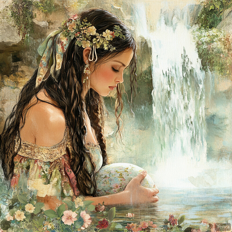 A serene painting of a woman standing in front of a waterfall, surrounded by lush greenery and vibrant flowers