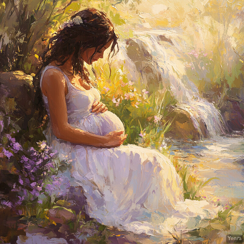 A pregnant woman sits by a waterfall, surrounded by lush greenery and vibrant flowers, exuding tranquility and contemplation.