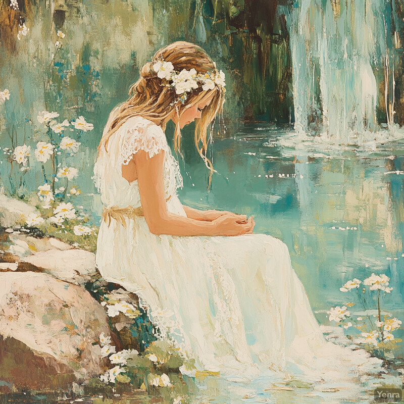 A woman in white sits on a rock by a body of water, surrounded by lush greenery and vibrant flowers.