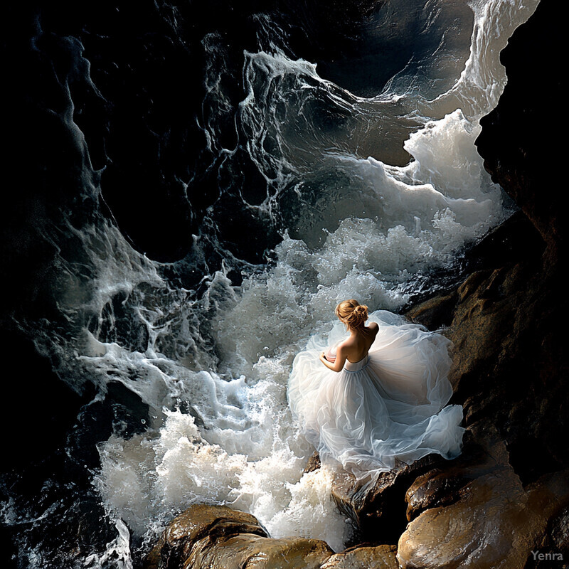 A woman in a white dress stands on rocks near turbulent water